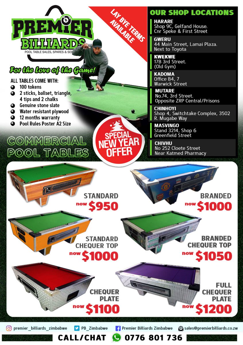 #redmarketsunday
<a href="/redmarketsunday/">Red Market Sunday</a> 
<a href="/iMisred/">MISRED</a> 
 HAPPY NEW YEAR!!! Available from 8 branches across 7 provinces throughout Zimbabwe, we provide the best price and quality for Pool and Soccer Tables, Spares &amp; Accessories, Call/App Premier Billiards +263776801736
