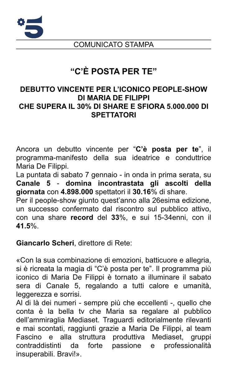Debutto vincente per #CePostaPerTe, l’iconico people-show di Maria De Filippi che supera il 30% di share e sfiora 5.000.000 di spettatori 👏🏻