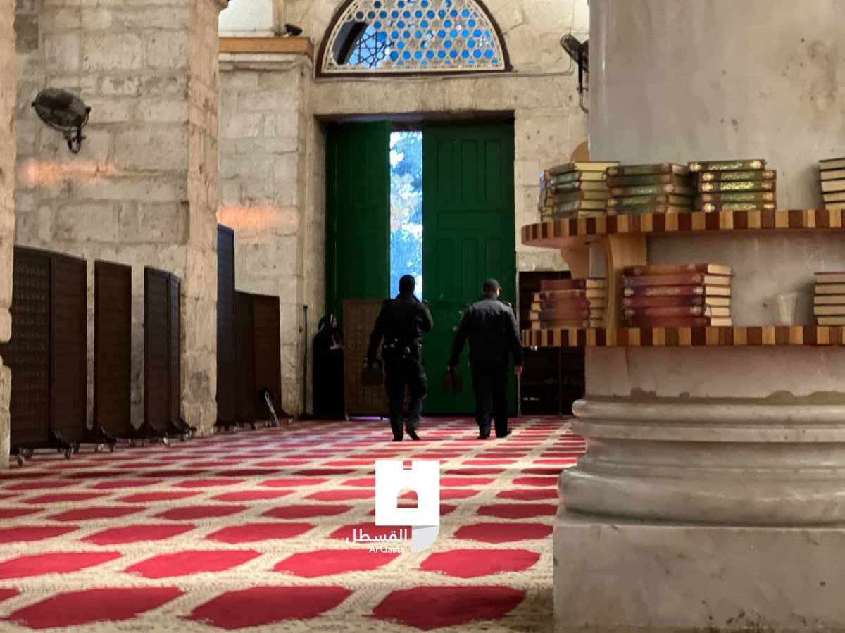 lsraeli occupation forces break into Al-Qibli Prayer Hall in the Al-Aqsa Mosque compound this morning.
