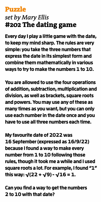 robeastaway's tweet photo. A fun little numbers game you can play with the date every day.  (#NewScientist puzzle by @MaryEEllis from 31/12/22). https://t.co/QB87yLPAZI
