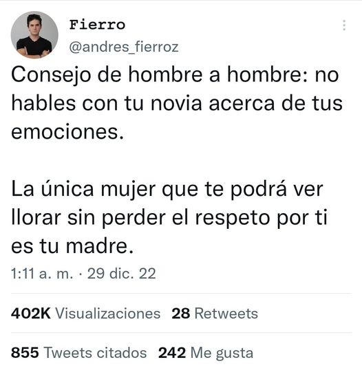 JuanP503's tweet photo. Un hombre NO debe confesarle a una mujer sus emociones.
Ningún hombre le da a una mujer semejante información porque
tal vez algún día use esa información en su contra. https://t.co/ZknjCCdxuz