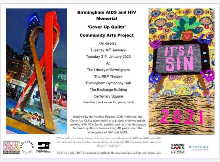 The Cover Up Quilts project will now be in an exhibition starting Tuesday, 10/01/23. Located in venues around Centenary Sq  Symphony Hall, The Rep, Central Library. Please share!
#BAHM #BirminghamAIDSandHIVMemorial #TheRibbons #TheCoverUpQuilts  #Birmingham #artscouncilengland