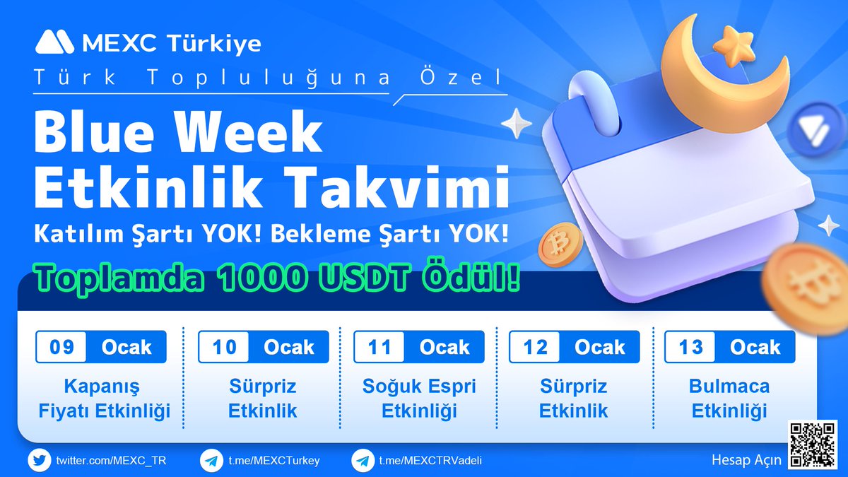 🔥#MEXCTürkiye Topluluğa Özel "Blue Week" Haftasını Başlatıyor!

🔷Beğen
🔷Alıntıla &amp; 5 kişi etiketle
🔷Telegram grubumuza katıl: t.me/MEXCTurkey
➡️10 $USDT Kazanan 50 Kişiden Biri Olma Şansını Yakala! 

📌Ayrıntılar:bit.ly/3jQh9ia