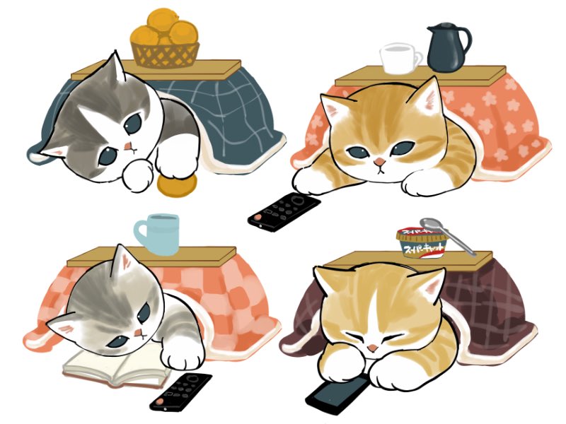 remote control table kotatsu cat no humans cup fruit  illustration images