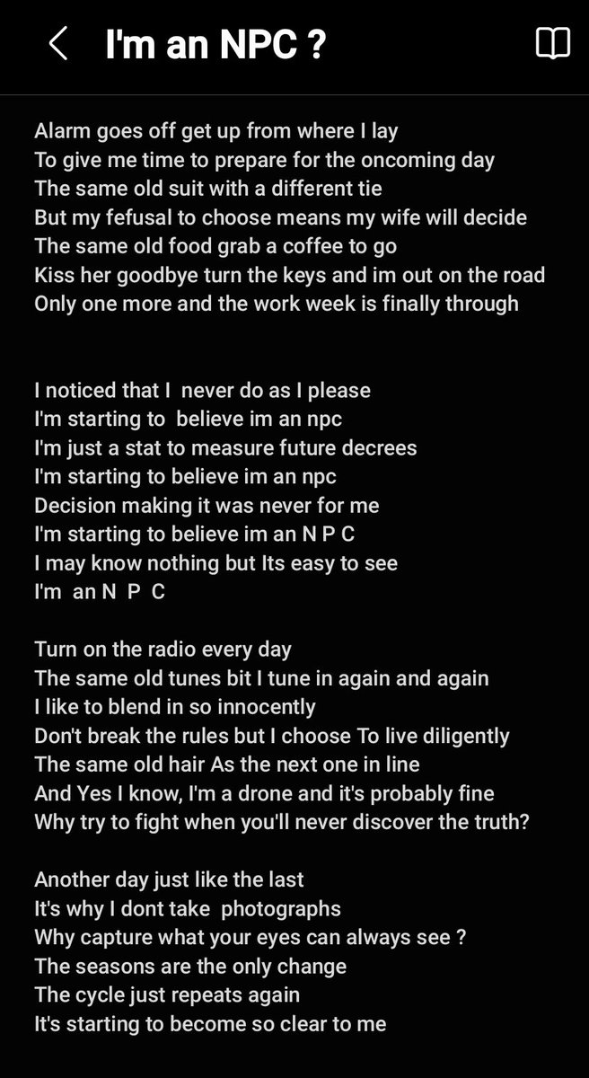 Thought I would share the lyrics to the first song written for our album Nuclear Sunset. Its about realising you may be an NPC

#punklyrics #songlyrics #lyrics #punkrock #punk #punksong #punkpoetry #skatepunk