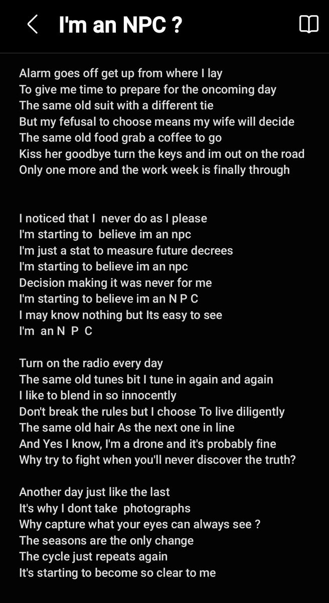 crackmothband's tweet photo. Thought I would share the lyrics to the first song written for our album Nuclear Sunset. Its about realising you may be an NPC

#punklyrics #songlyrics #lyrics #punkrock #punk #punksong #punkpoetry #skatepunk https://t.co/bw1d897Oye