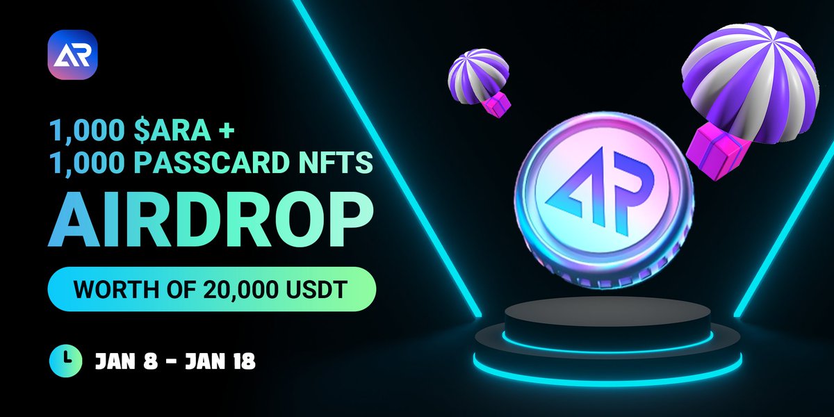 🔥Array 𝐀𝐢𝐫𝐝𝐫𝐨𝐩! 1,000 $ARA and 1,000 Passcard NFTs #Giveaway! 💰Prize Pool worth of 20,000 USDT ✅Follow @Array_Protocol ✅Like, RT & Tag 3 ✅Complete other tasks: t.me/ArrayAirdropbot 💡1,050 winners ⏰Until 18 Jan