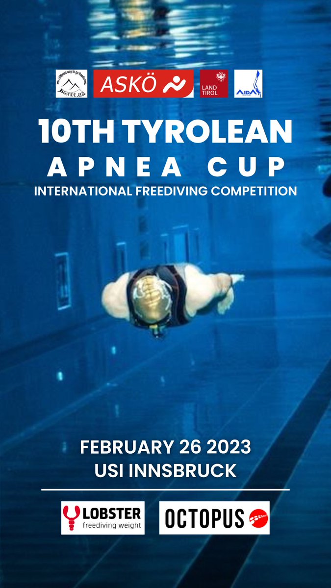 AidaAustria's tweet photo. Join us at the 10th AIDA Tyrolean #Apnea Cup hosted https://t.co/sIhbCYhJHO!
WHEN: 26/2/2023
WHERE: USI Innsbruck
REGISTER: https://t.co/TkLX8wu0uF
See you there 🤗💦👌
#poolcompetition
#poolfreedivingcompetition #apnoe #apneacompetition
#freitauchen #alpnoe
#innsbruck https://t.co/Em7wwBu1OE