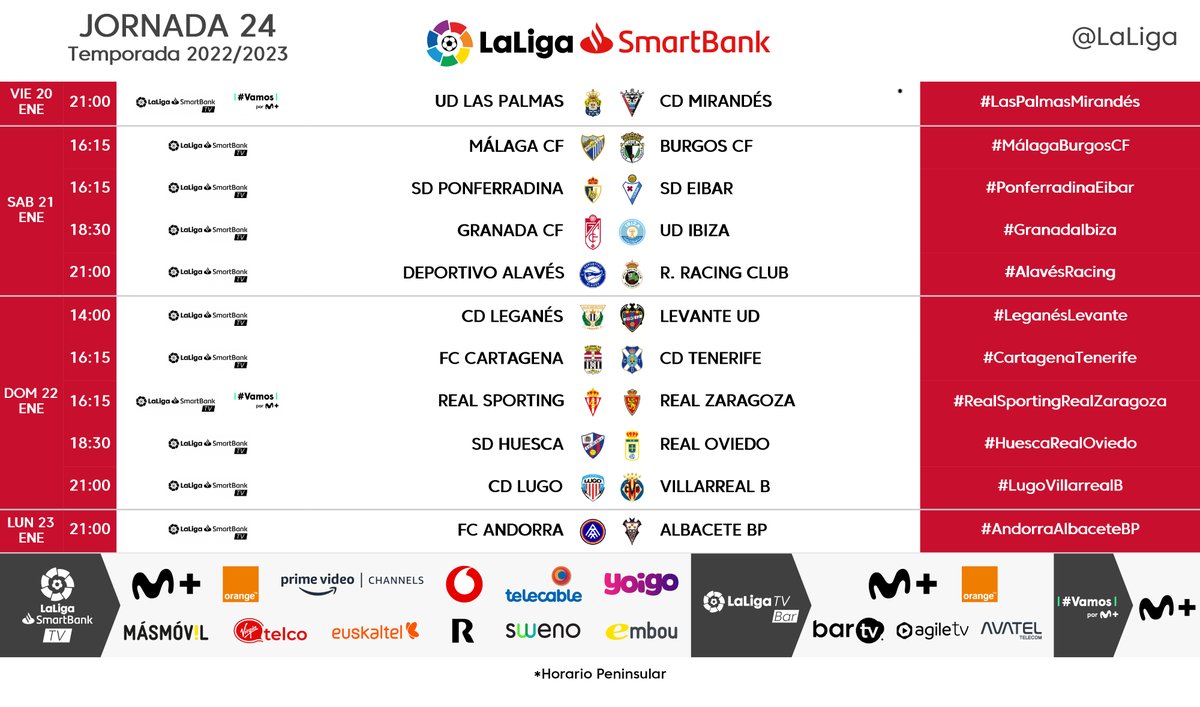 LaLiga's tweet image. HORARIOS | Estos son los partidos correspondientes a la jornada 24 de #LaLigaSmartBank. 

👉 laliga.sh/LdKJlA