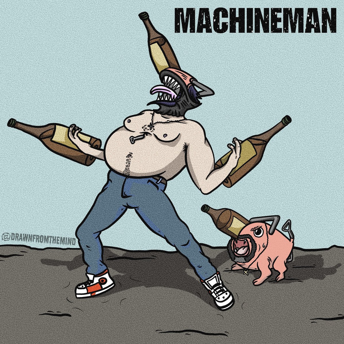 DFTMNCB's tweet image. *the machineman* 

@bertkreischer x @Chainsaw_EN 
Can't wait to see Berty Boy on tour end of January! So did a little anime mashup in anticipation 🤟

#dftmncb #drawnfromthemind #bertkreisher #comedian #anime #mashup #chainsawman #comedyart #ccc #ComedyContentCollective