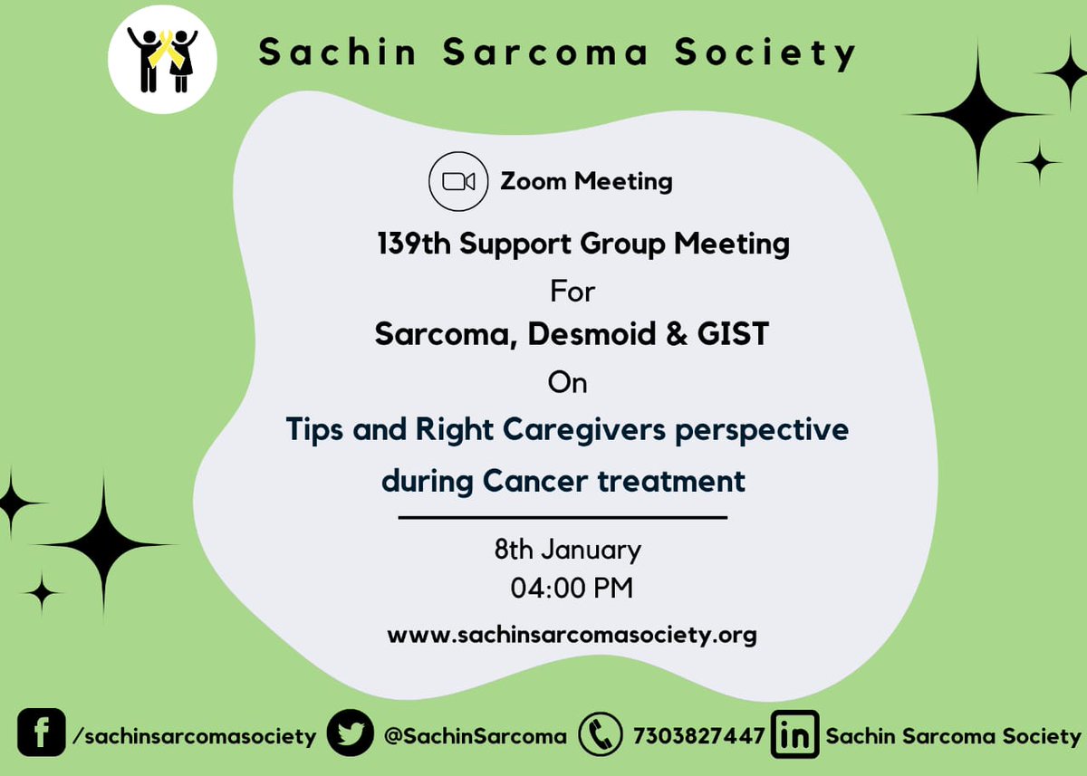 SachinSarcoma's tweet photo. Organising 139 th #supportgroup meeting for all #caregivers for #sarcoma #desmoid #GIST and sharing tips for them to stay motivated. Today's presentation is by one caregiver whose wife has #DFSP. #hope #companionship https://t.co/xY3MRgBi98