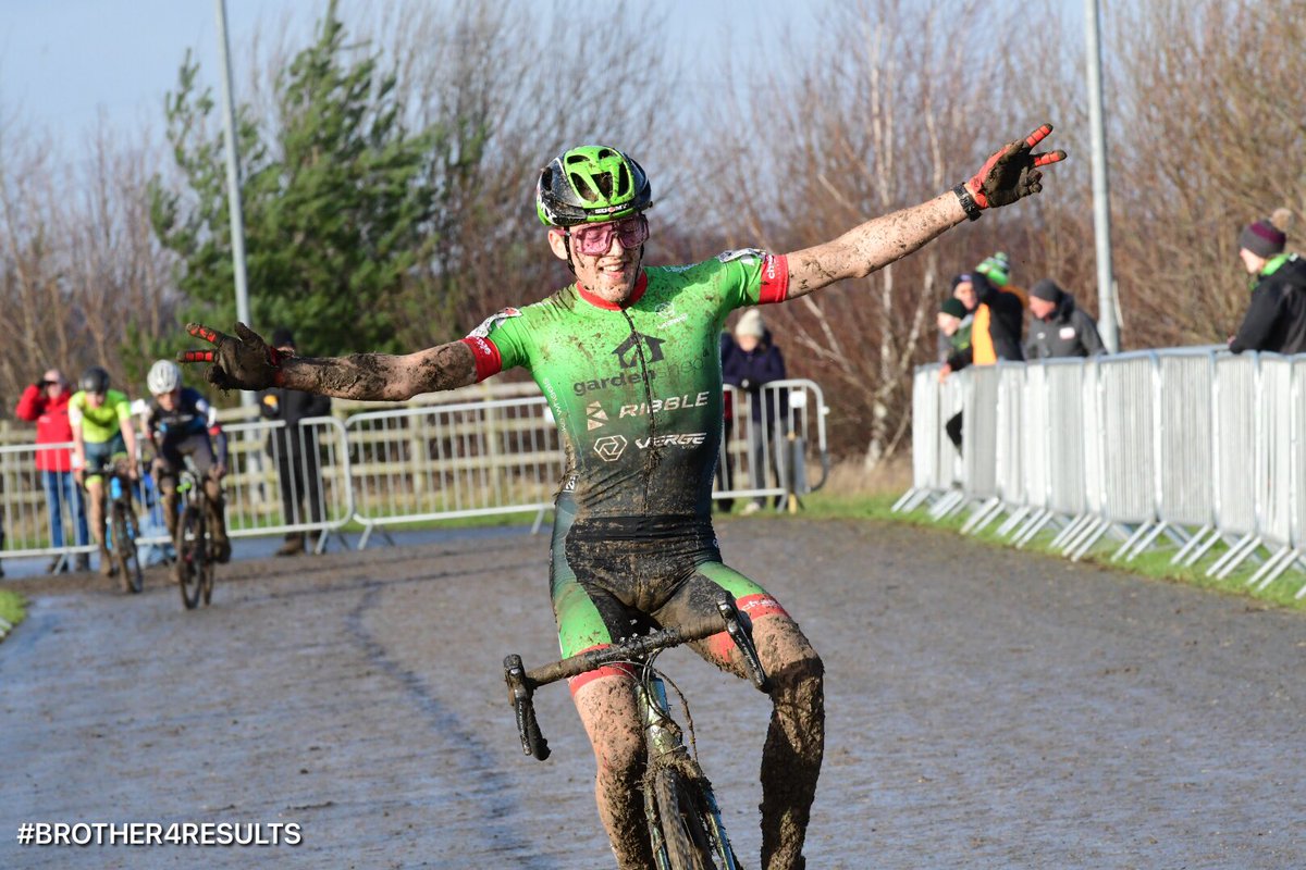 VeloUK's tweet photo. Ollie Akers wins the junior mens race which saw the leader changing a lot. Ollie had a mechanical so ride a lot of the race on one very muddy bike! #heavy #stickymud https://t.co/Yf07S9cEsN