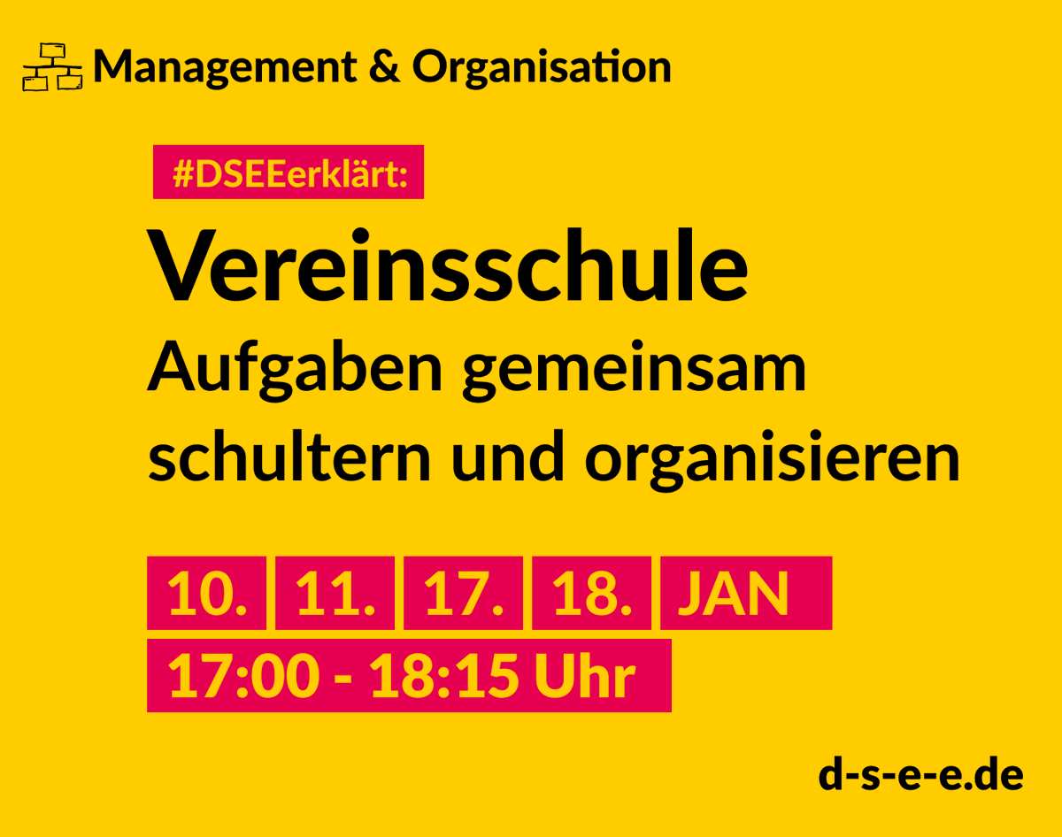 D_S_E_E's tweet photo. #DSEEerklärt startet mit der Online-Seminarreihe "Vereinsschule" ins neue Jahr. Erfahrt alles Wichtige zu den Themen Vereinsvorstand, Kassenführung, Satzung und digitale Zusammenarbeit.
👉Zur kostenlosen Anmeldung:
https://t.co/lOvqcgRqnt https://t.co/SpaYDOLHKJ
