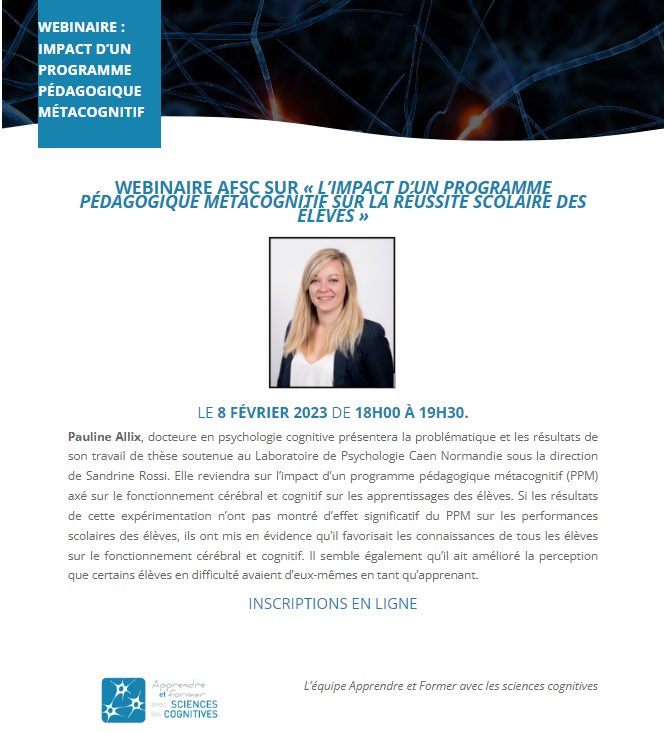 BerthierBonfig2's tweet photo. #WebinaireAFSC 8/2/23 à 18h00 « L’impact d’un programme pédagogique métacognitif sur la réussite scolaire des élèves ». Pauline Allix, docteure en psychologie cognitive, présentera les résultats de sa thèse soutenue au @LPCN_UNICAEN ! Inscriptions ici ⤵️
https://t.co/NG6FNxp3rJ https://t.co/HWHGMHECuB
