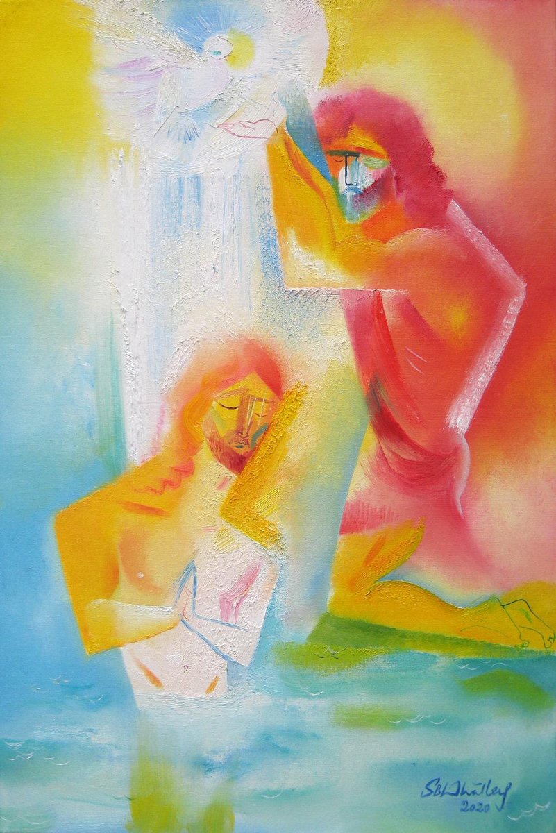 StephenBWhatley's tweet photo. Blessings of healing &amp; Peace for all on Feast Day of The Baptism of Our Lord. My painting hangs in West Hollywood, CA. #baptismofjesus #baptismofthelord #catholic #Stjohnthebaptist #Jesus #RiverJordan #painting #artinamerica #contemporaryart #artist #art https://t.co/iWbdnQQzQg