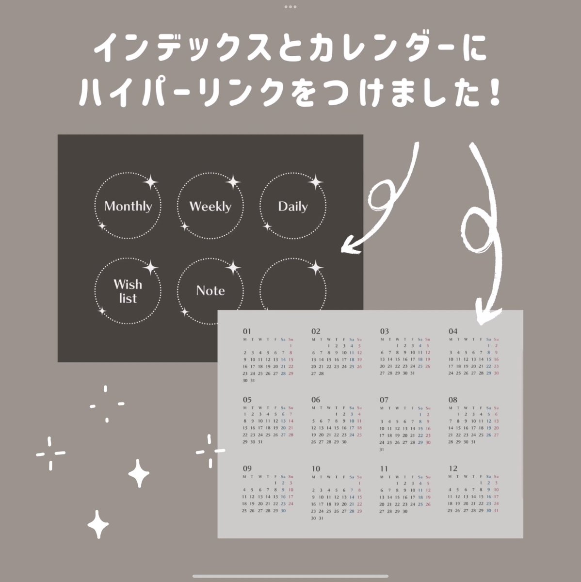 himeno_create's tweet photo. ⁡2023年版デジタルダイアリーできました！
今回はセピアと宇宙をテーマに作っています🪐
そして、初めてインデックスとカレンダー一覧に
ハイパーリンクをつけました🫡
ダウンロードして使ってみてください😊✨

★Stores
https://t.co/DplSbVWdyu

#デジタルプランナー
#iPadplanner
#digitalplanner https://t.co/IUlx6b2BHM