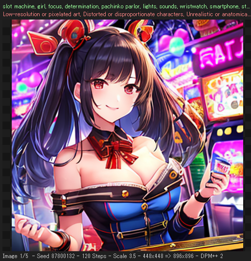 qB9FMm9mTTwJsEm's tweet image. #ChatGPT 
#StableDiffusionGUI
#AIart 
#AIイラスト 
#スロット　
　
プロンプト呪文をAIに書かせたらこうなった
いい感じ率が高くてびっくり。
呪文手直ししたらもうちょっと行けるかな？

後半2枚は((extremely detailed CG unity 64k))+(((masterpiece))),((((masterpiece Face))))　を追加。