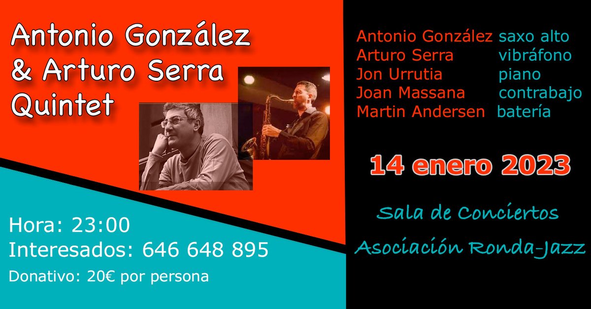 Rondajazz's tweet photo. Este sábado contaremos en la sala con un quinteto de lujo, liderado por el saxofonista granadino Antonio González, junto con el para nosotros, es uno de los mejores vibrafonista del panorama actual del jazz Arturo Serra.

#JazzenRonda #concierto #jazz https://t.co/3lO3pZANvT