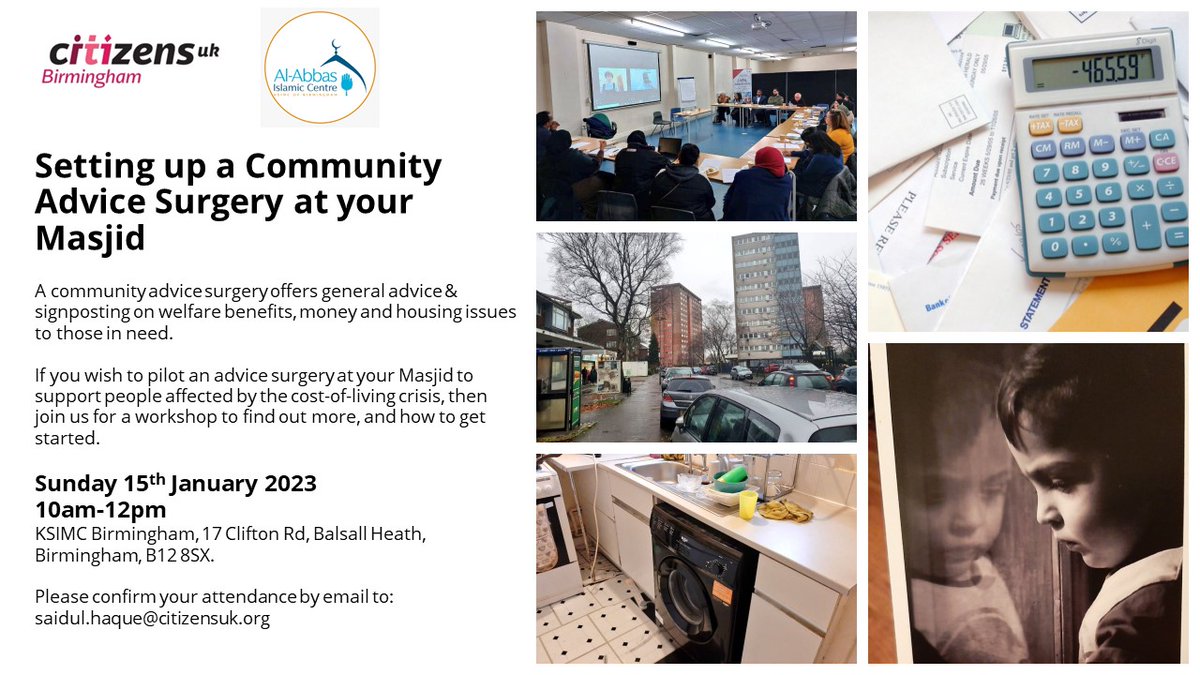Inspired by our campaign (see: lnkd.in/eMidfQhH) Al Abbas Islamic Centre (@ksimcb) in Balsall Heath are piloting a Community Advice Surgery in 2023 to fight poverty in our city. Other Brum Masjids are invited to join us for a training workshop next Sunday to find out more: