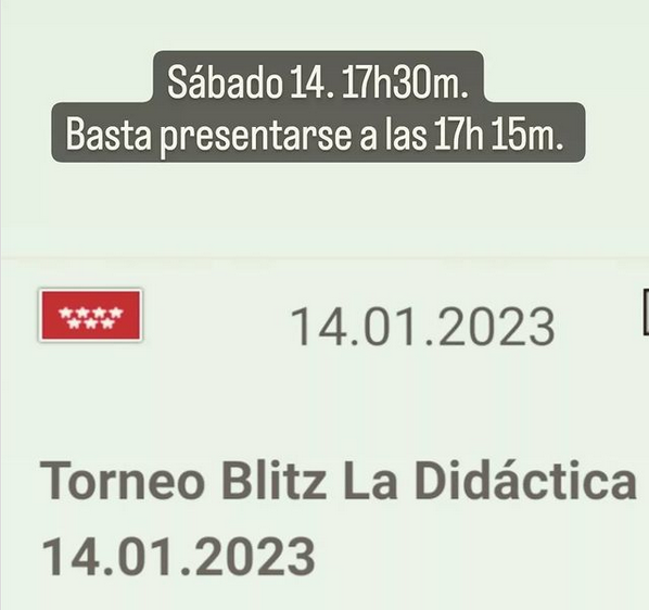 DidacticaMadrid's tweet photo. Primer Torneo rápidas del 2023 La Didáctica.
Sábado 14. 17h 30m. Basta presentarse 17h 15m.
https://t.co/ZbaLa6596C
#madridchess #chessmadrid #ajedrez960 #FischerRandomChess #Chess960 #Chess960Madrid #madridajedrez #ajedrezmadrid #chess #ajedrez #chessgame #aprendeajedrezdeverdad https://t.co/vpOISPF0Q0