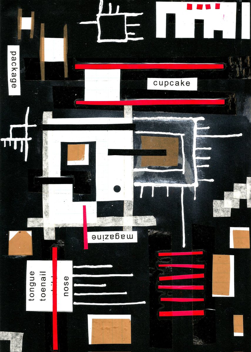 littledeaths68's tweet photo. 8) one visual poem a day, old and new, for a year...can I do it? 'circuit bored' another early experiment with collage on a black background. I love the way the colours pop! And how the whiteout pen/words com alive. #vispo #asemic #abstract #visual_poetry #writing #poem #poetry https://t.co/Ml6MNl8fuP