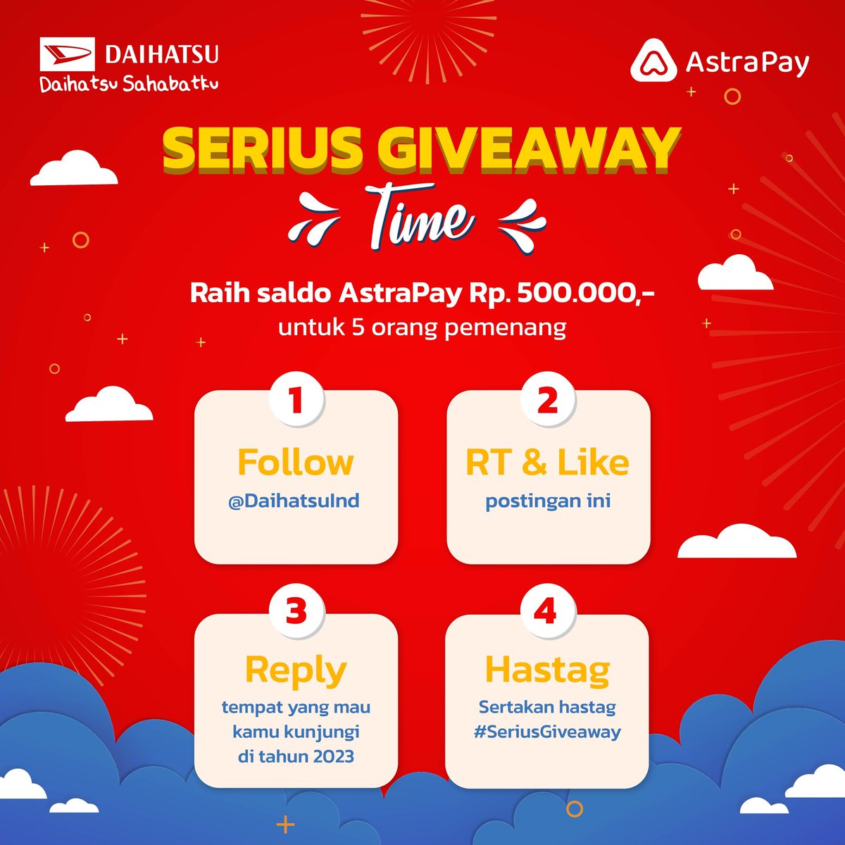 DaihatsuInd's tweet photo. #SeriusGiveaway Time 🥳

Yuk ramaikan #SeriusGiveaway dari Daimin &amp; dapatkan saldo AstraPay total 500 RIBU buat 5 pemenang yang beruntung!

Caranya ikutin yang ada pada banner Daimin ya 👇

Buruan ikutan, kali aja kamu yang beruntung kali iniiii 🙌 https://t.co/fR7gOpIctO