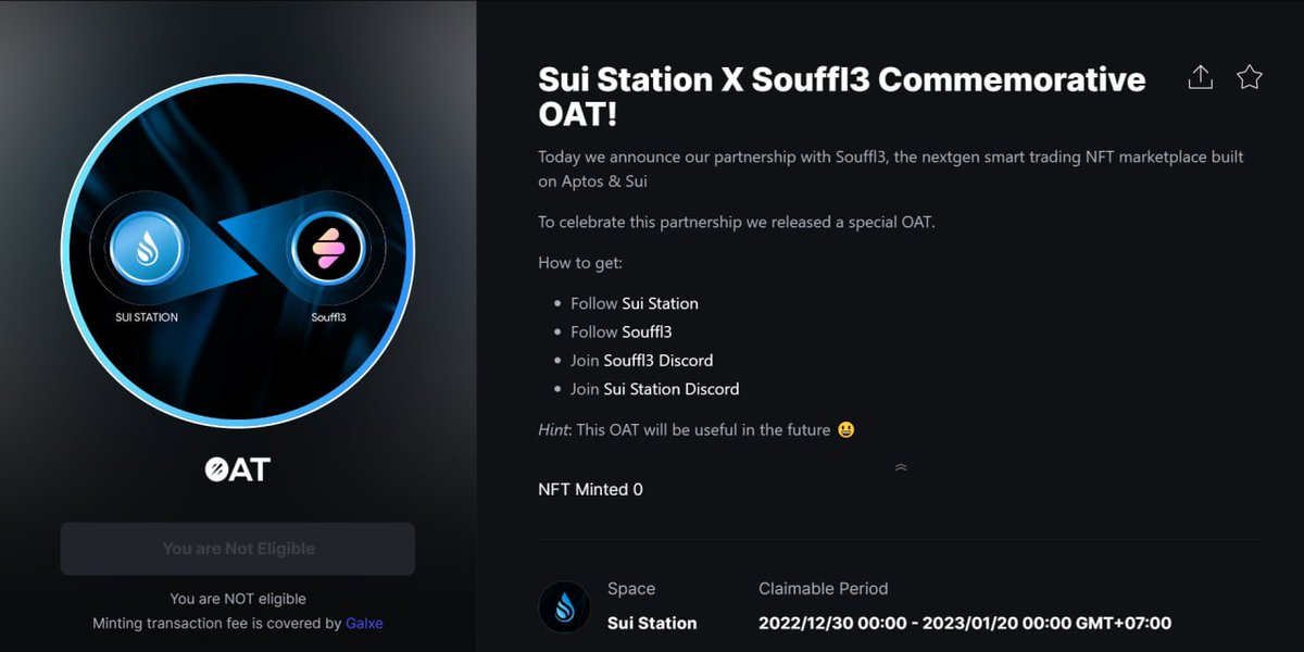 🥳 SUI STATION X <a href="/nft_souffl3/">Souffl3 🫐</a> 🥳

To celebrate our partnership, we’re releasing a special OAT!

1️⃣ Like, RT this tweet
2️⃣ Finish the tasks and claim: galxe.com/suistation/cam…

This OAT will be useful in the future. Claim this OAT now!

#SuiStation #Sui  $SUI #Airdrop #Suinami #LFM