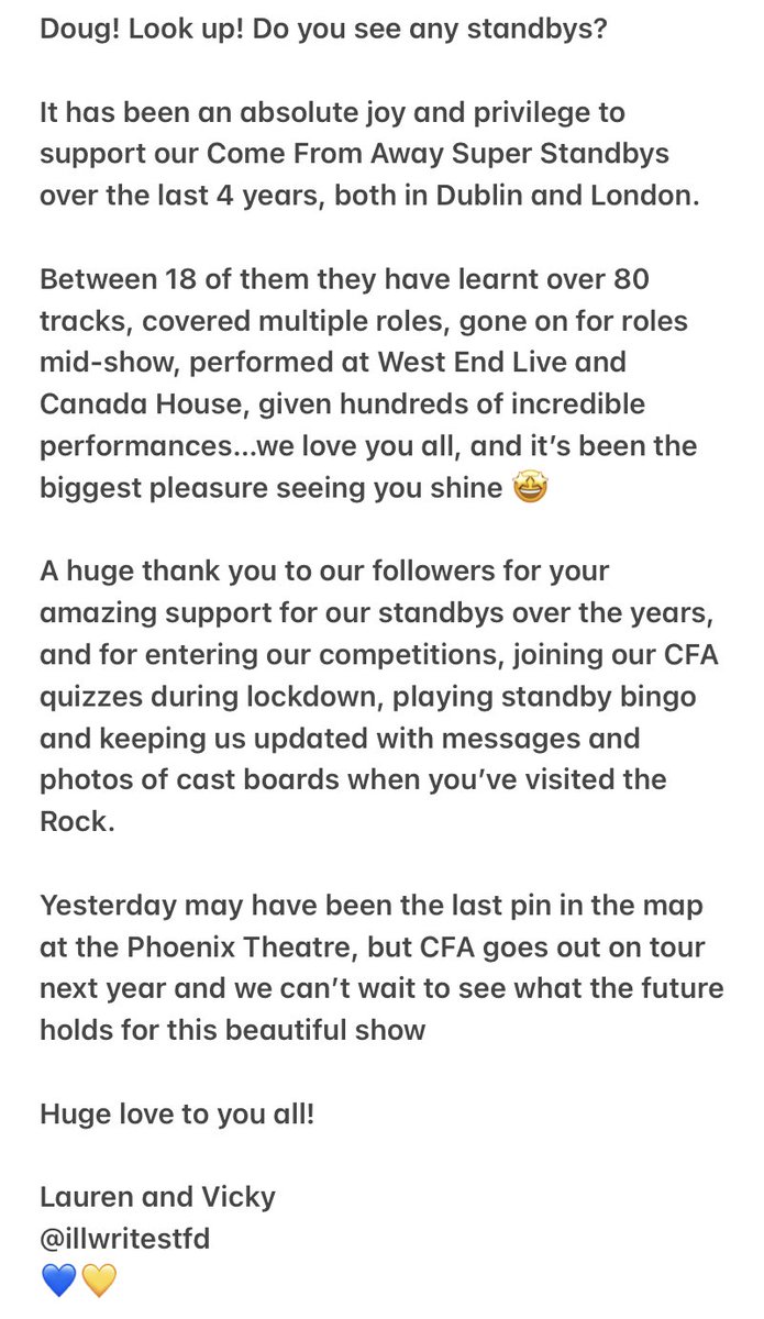 illwriteSTFD's tweet photo. An emotional farewell to @ComeFromAwayUK yesterday, but what a celebration!
To all our of #superstandbys and followers over the yearsโฆthank you!
๐๐ https://t.co/h1Uv0okpGp
