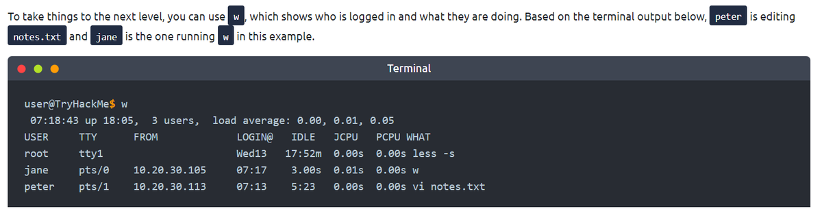 CristiVlad25's tweet photo. Today I learned that the command "w" in the terminal shows who is doing what. 

Pretty neat, as someone who has been using Linux for over 15 years now. Thanks @tryhackme. https://t.co/UoXdqI0rD8