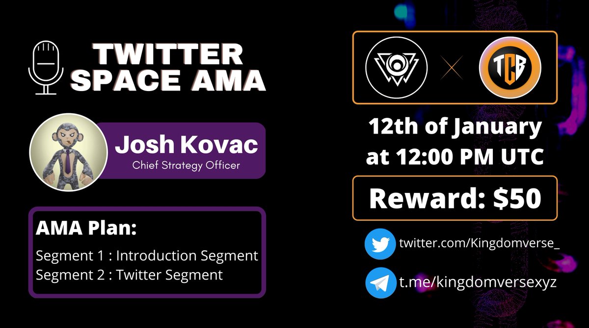 TheCryptoBlade's tweet photo. We are excited to announce our next Twitter Space #AMA with @Kingdomverse_ on 12th January, 12:00 PM UTC

🎁Reward: $50 #BUSD
🏛️Twitter Venue: https://t.co/aBu4BW5iJe (Set Reminder Now)

Rules:
☑️Follow @TheCryptoBlade &amp; @Kingdomverse_
☑️Like &amp; Retweet &amp; Comment Questions (Max 3) https://t.co/KGTD7w1XJ0