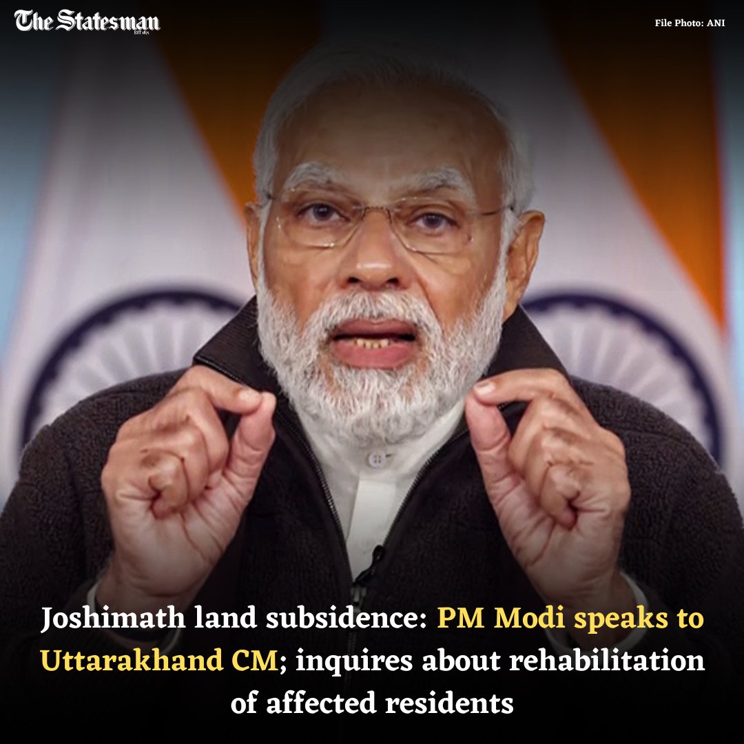 TheStatesmanLtd's tweet photo. In a telephonic conversation with Uttarakhand CM Pushkar Singh Dhami, PM Modi inquired about the steps taken for the safety and rehabilitation of the affected residents of Joshimath.
#PrimeMinister #narendramodiji #CMPushkar #Joshimath #JoshimathIsSinking #Uttarakhand https://t.co/cAh0rD7Arn