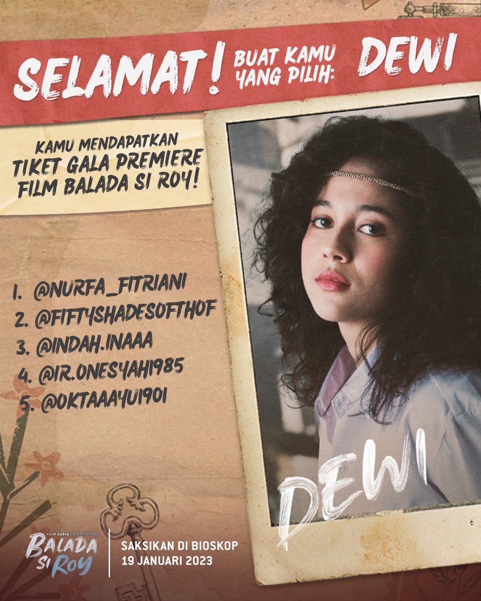 IDNPictures's tweet photo. SELAMAT, GENG! KAMU DIUNDANG KE GALA PREMIERE FILM BALADA SI ROY. 🥰
Masing-masing pemenang mendapatkan 2 tiket Gala Premiere Balada Si Roy.
#TIMANI
1. @resasahara78
2. @fazzarayafitri
3. @nitlaww
4. @brushed_byn
5. @kikikei1 https://t.co/aTyvlaJo2n