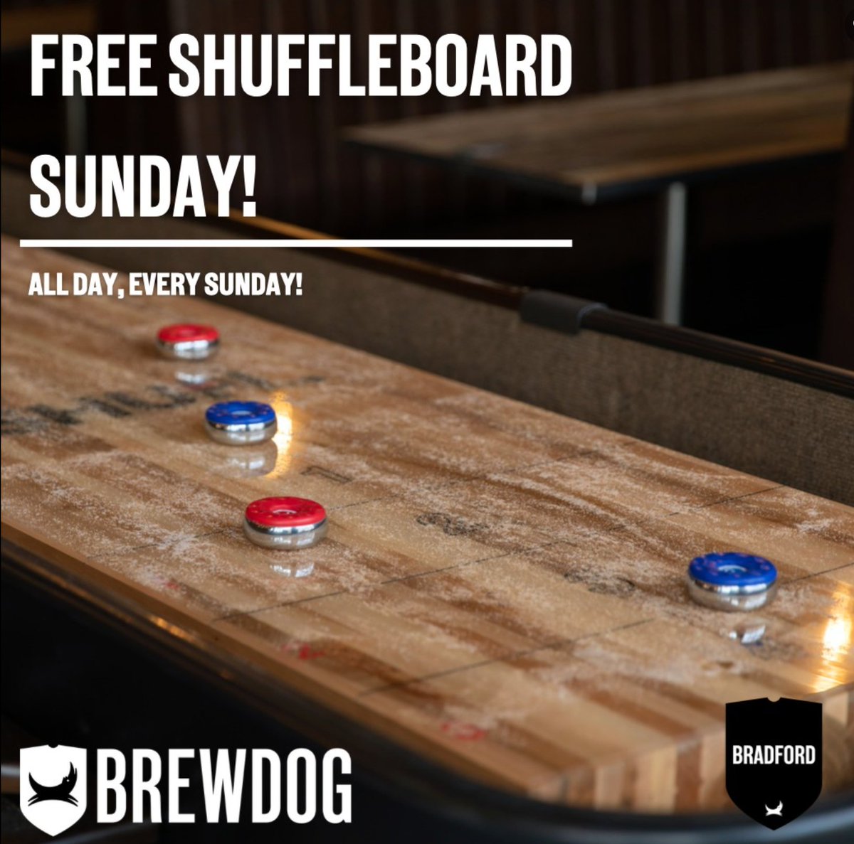 Fancy adding a bit of fun to your Sundays?😉 Why not grab some friends and challenge them to a game on our famous SHUFL boards?🤩 With great food and refreshing cold pints, your Sunday couldn't get any better!😀 #brewdogbradford #bradfordbar #shufl #sundayfunday #shuffleboard