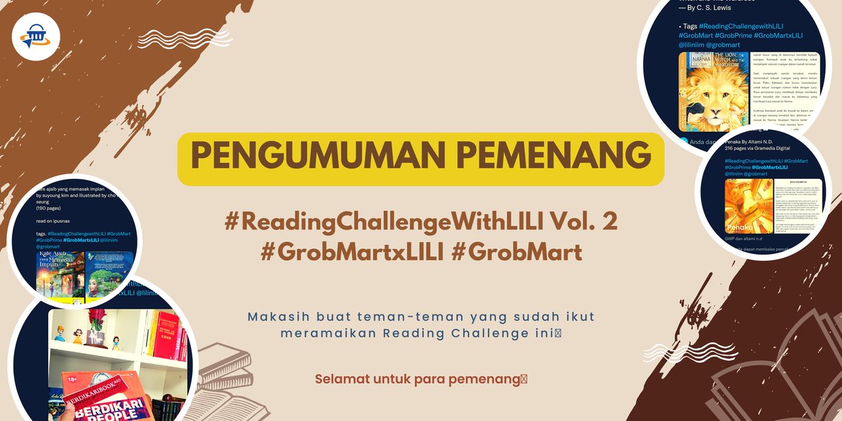 liliniim's tweet photo. HALO SEMUA✨

Makasih sudah ikut meramaikan reading challenge ini. Seneng bgt bisa bikin RC ini &amp; seru2an bareng. Makasih juga buat @grobmart yang udah mau collab &amp; ikut meramaikan komunitas perbukuan di twitter ini. 

#ReadingChallengewithLILI #GrobMart #GrobPrime #GrobMartxLILI https://t.co/dvcF9r7Pb8