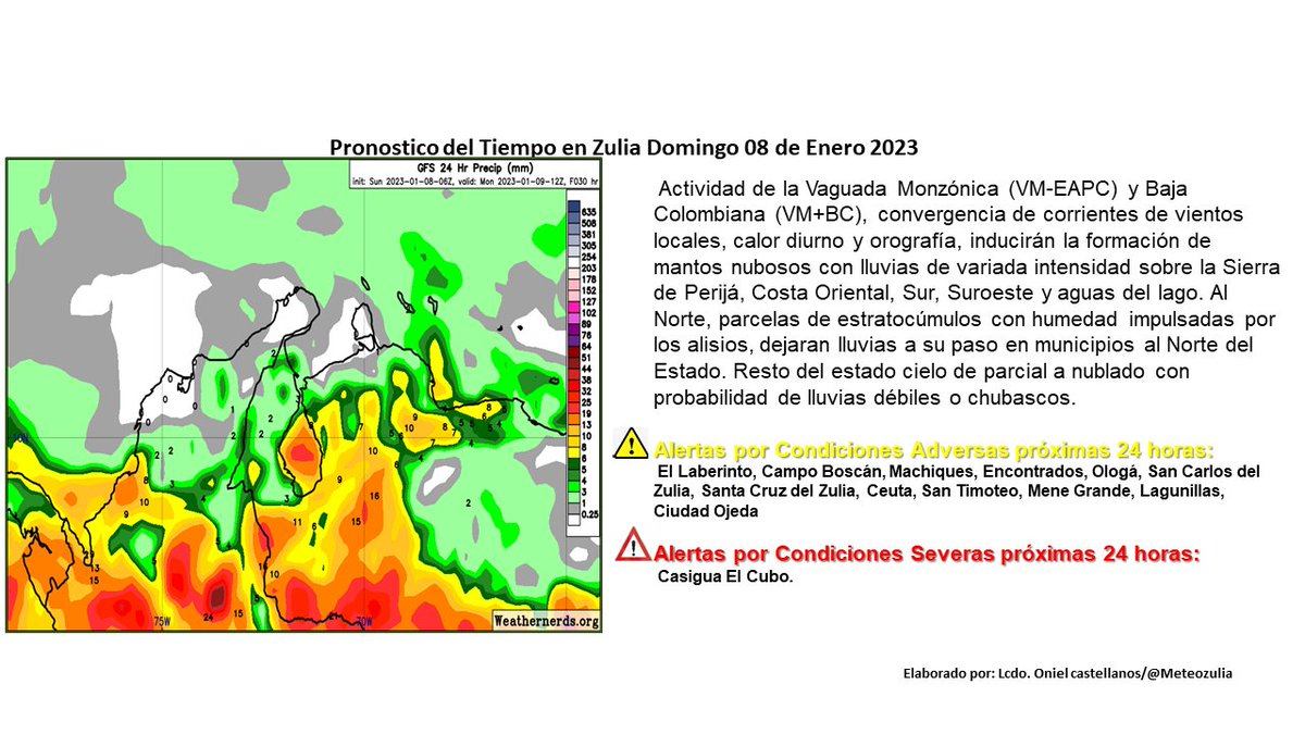 MeteoZulia's tweet photo. ⚠️🚨#PronosticodelTiempo en #Zulia y la #PrevisiondelTiempo en #Maracaibo #Domingo #08Ene2023 
#Hay #Advertencias por #CondicionesdelTiempo #Adversas en varias zonas del estado, y #Severas en #CasiguaelCubo https://t.co/gM4YRt2Hz0