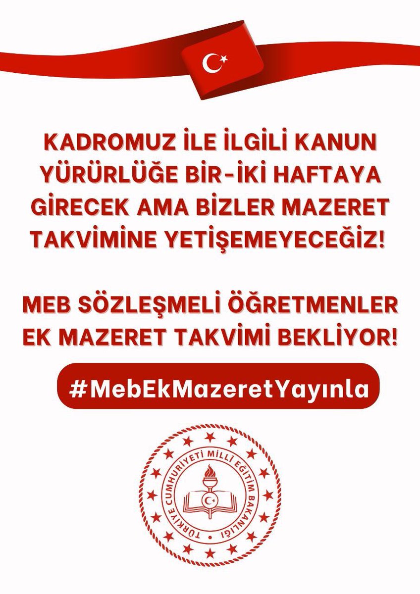 SÖZLEŞMELİ ÖĞRETMENLER GÜNLERDİR BU PLATFORMDA MÜCADELE VERİYOR 

MAZERET TAKVİMİNE DAHİL EDİLMEMELERİ DERİNDEN ÜZÜYOR

GELİN BİRLİK OLALIM KİM BU TALEBİ KARŞILAR İSE ONA BU SEFER TEŞEKKÜR İÇİN ETKİNLİK YAPALIM 
<a href="/tcmeb/">Millî Eğitim Bakanlığı</a>
<a href="/fehmirasimcelik/">Fehmi Rasim Çelik</a>
<a href="/yilmaznazif/">Nazif Yılmaz</a>
#MebEkTakvimYayınla