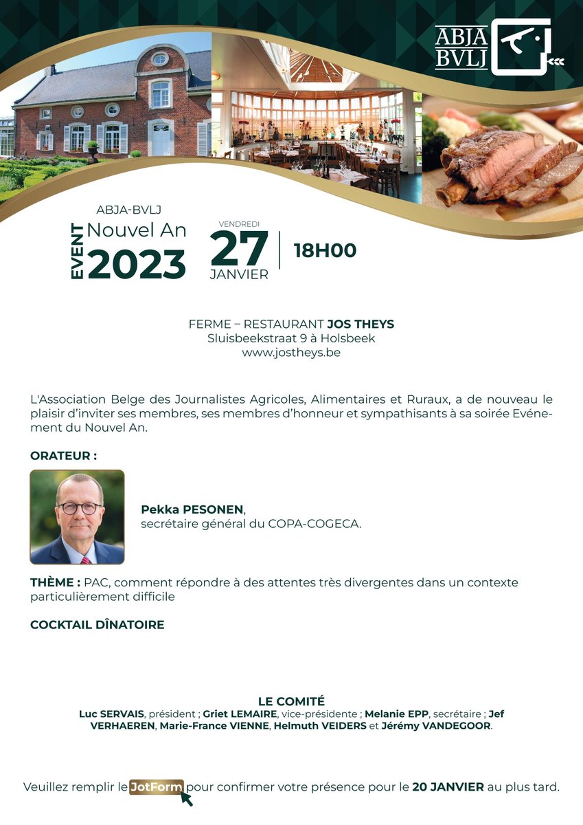 Rejoignez-nous pour notre événement annuel le 27 janvier ! Inscriptions : form.jotform.com/230025775172048
<a href="/COPACOGECA/">COPA-COGECA</a> <a href="/pekka_pesonen/">Pekka Pesonen</a> @APAQ_W <a href="/wborsus/">Willy BORSUS</a> <a href="/DavidClarinval/">David Clarinval</a> <a href="/fugea/">FUGEA</a> <a href="/EP_Agriculture/">AGRI Committee Press</a>
