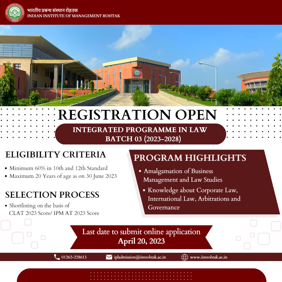 IPLIIMRohtak's tweet photo. IM Rohtak takes immense pleasure in announcing that the registration process for the course Integrated Programme in Law (IPL) has started. https://t.co/ummaPPWhPn