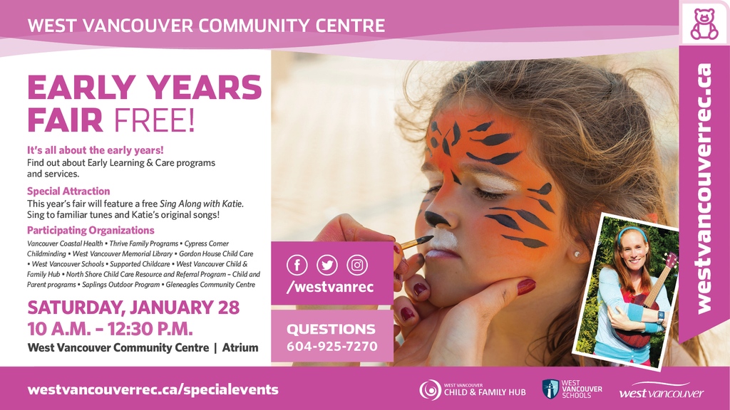 Save the date for our Early Years Fair happening January 28.⁠
⁠
Learn all about early learning and care programs and services, and enjoy a Sing Along with Katie!⁠

Saturday, January 28⁠
10 a.m. – 12:30 p.m.⁠
West Vancouver Community Centre⁠
Lalji Family Atrium ⁠