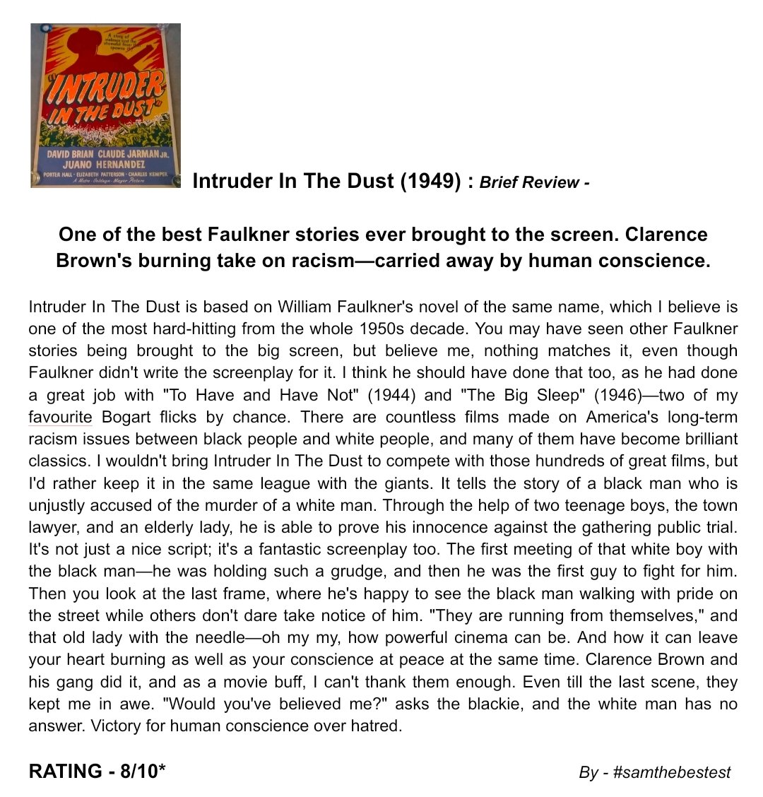 SAMTHEBESTEST_'s tweet photo. Watched #IntruderInTheDust (1949) :

One of the best Faulkner stories ever brought to the screen. Clarence Brown's burning take on racism—carried away by human conscience.

RATING - 8/10*

#clarencebrown #davidbrian #claudejarmanjr #juanohernandez #porterhall #elizabethpatterson https://t.co/CUPAPruBN3