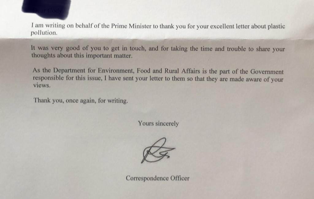 MedenHumanities's tweet image. One of our Y7 Eco Warriors wrote to the PM and he has received a reply.