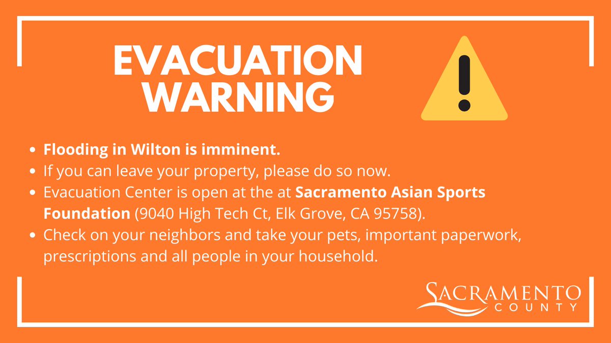 SacCountyCA's tweet photo. @SacramentoOES is warning residents living in Wilton to leave the area now. Rising water may spill over onto the nearest roadways and cut off access to leave the area.
Learn more: https://t.co/2A8iQrMpBd https://t.co/FiW9eNhkn1