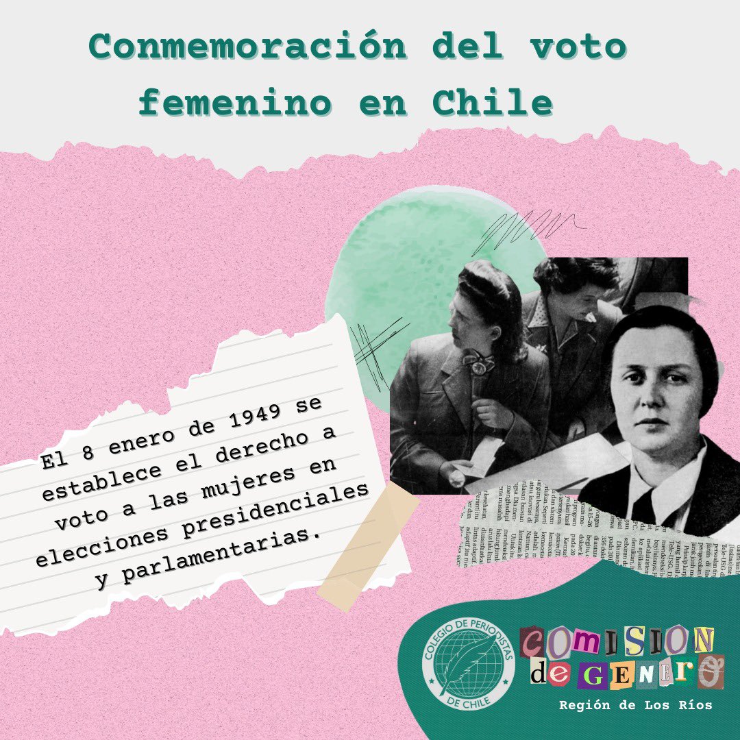 cgperiodlosrios's tweet photo. 🗳 🙋🏻‍♀️El 8 de enero de 1949 se promulgó la ley que permitió a la mujer votar en elecciones presidenciales por 1era vez. Esto le otorgó derechos políticos plenos tras varias décadas de lucha. Aún falta camino! La lucha no para ✊ #valdiviacl https://t.co/0Zev7DADVA