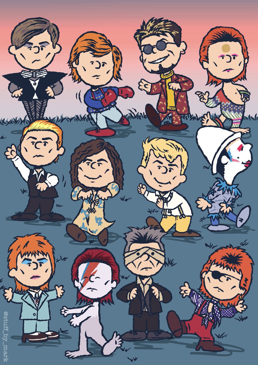 Happy heavenly birthday to David Bowie. In celebration I decided to draw a bunch of dancing Dave’s in the style of Charles M. Schultz’s Peanuts.