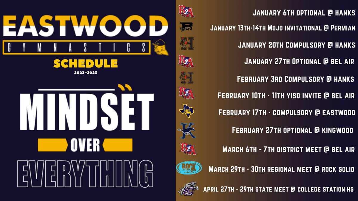 EHS_Gymnastics's tweet photo. Our '23 Gymnastics Schedule ๐๐
#MindsetOverEverything | #AC2W https://t.co/Hybx4xoAy1