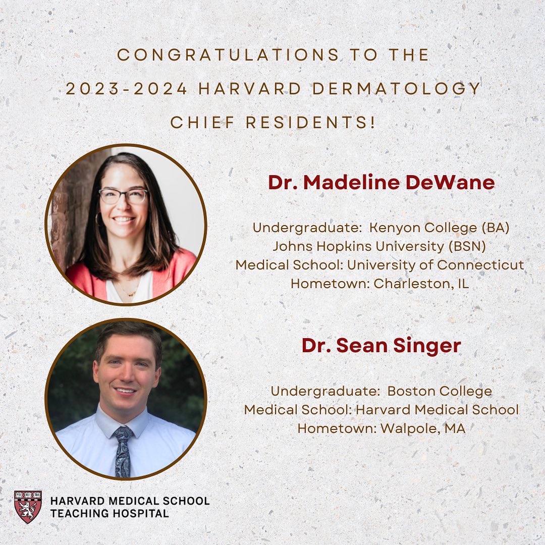 We’re very excited to announce that <a href="/MadelineDeWane/">Madeline DeWane</a> and <a href="/SeanBSinger/">Sean Singer</a> will be serving as the 2023-2024 Harvard Dermatology chief residents! #dermtwitter #MedTwitter