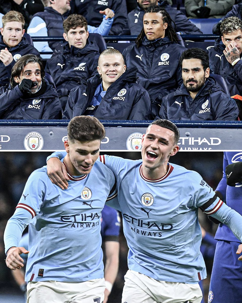 ESPNFC's tweet image. Man City are up 3-0 in the first half with all these players on the bench 🤯