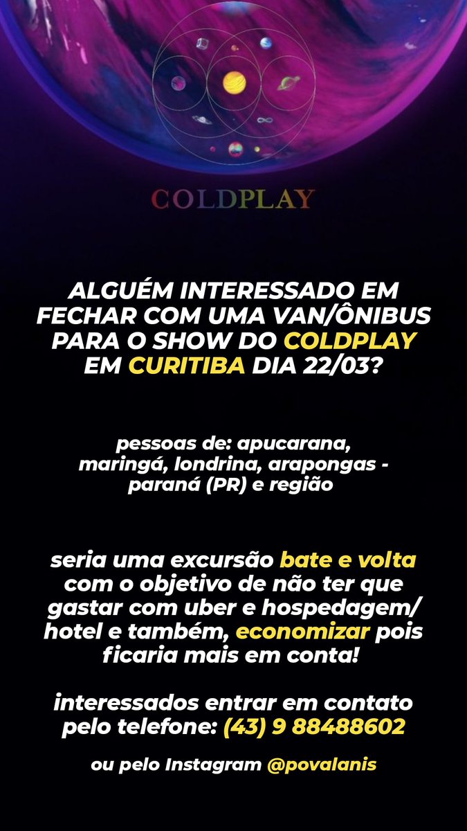palavras chaves: coldplay, show, excursão, van, transporte, curitiba, maringá, londrina, apucarana, arapongas, paraná, chris martin, Music of the Spheres
