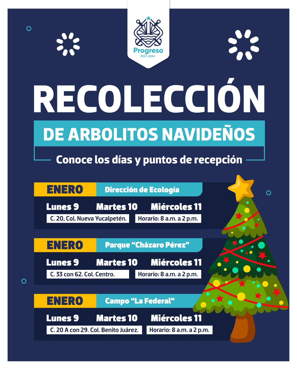 JULIANZACARIASC's tweet photo. 🎄🚛¡Súmate a la recolección de arbolitos navideños!

Mañana 9 de enero comienza la recolección en diversos puntos de la ciudad. Seamos responsables con el medio ambiente y ubica el día y horario que el personal del Ayuntamiento estará cerca de tu hogar.

#ElProgresoDeProgreso https://t.co/Sk0Zb02I6U