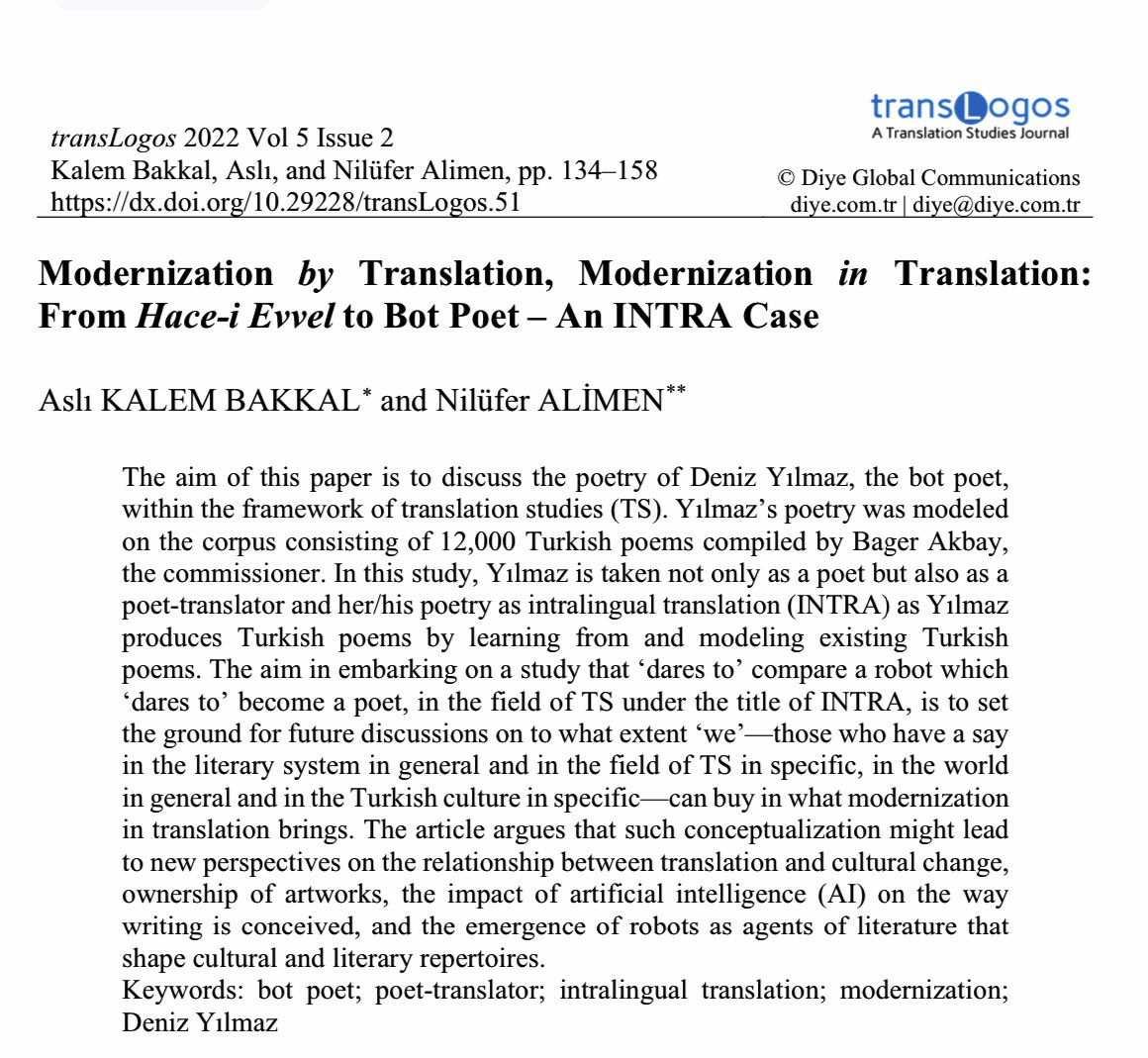 In their study “Modernization by Translation, Modernization in Translation: From Hace-i Evvel to Bot Poet – An INTRA Case,” KALEM BAKKAL and ALİMEN present a catchy example of what ‘modernization in translation’ may bring ✍️💫<a href="/asl09955712/">aslı</a> <a href="/AlimenNilufer/">Nilüfer Alimen</a>